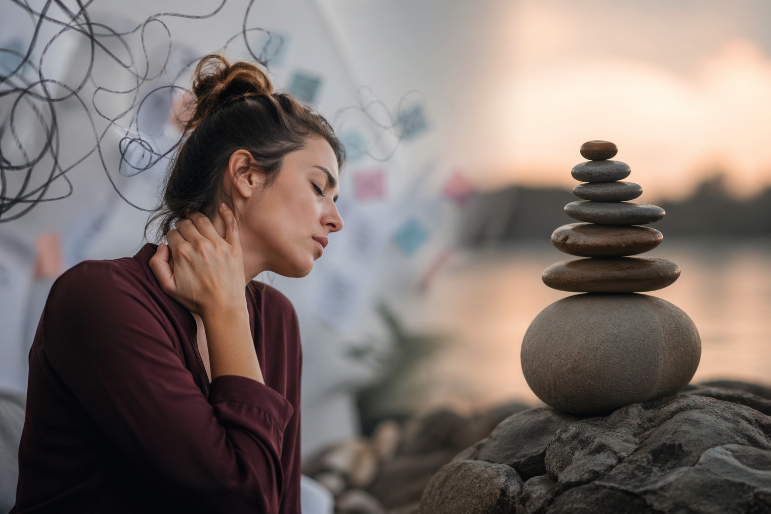 Mujer con expresión de agobio sujetándose las sienes, representando los estrés síntomas físicos y la carga emocional.