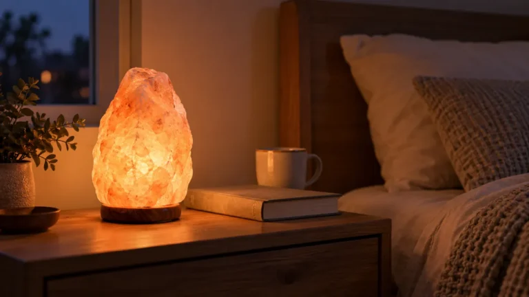 lámparas de sal: lámpara de sal rosa encendida en una mesilla junto a un libro